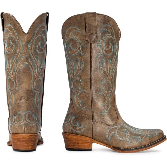 Women Brown Faux Leather Pointy Toe Western Boots Rubber Slip-on - Picture 6 of 6